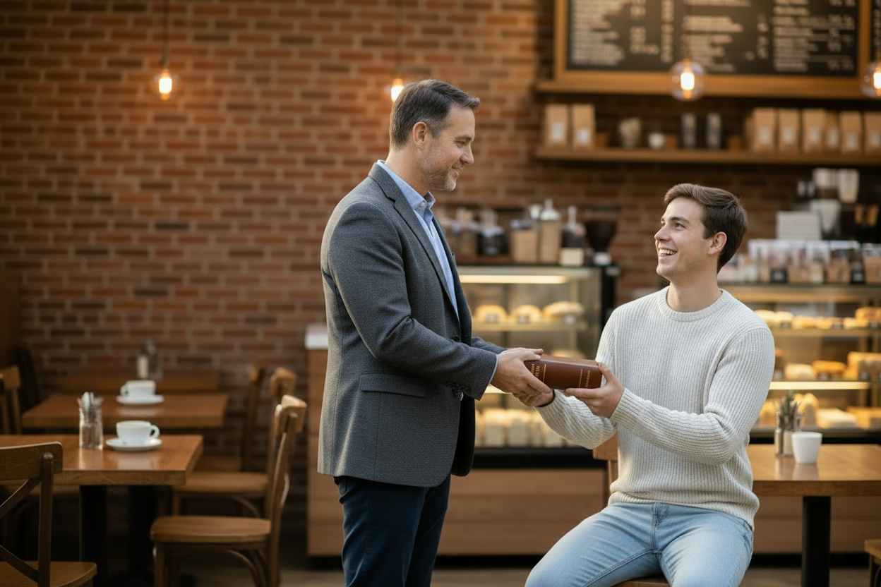 Seated younger man receiving black Bible in cafe
